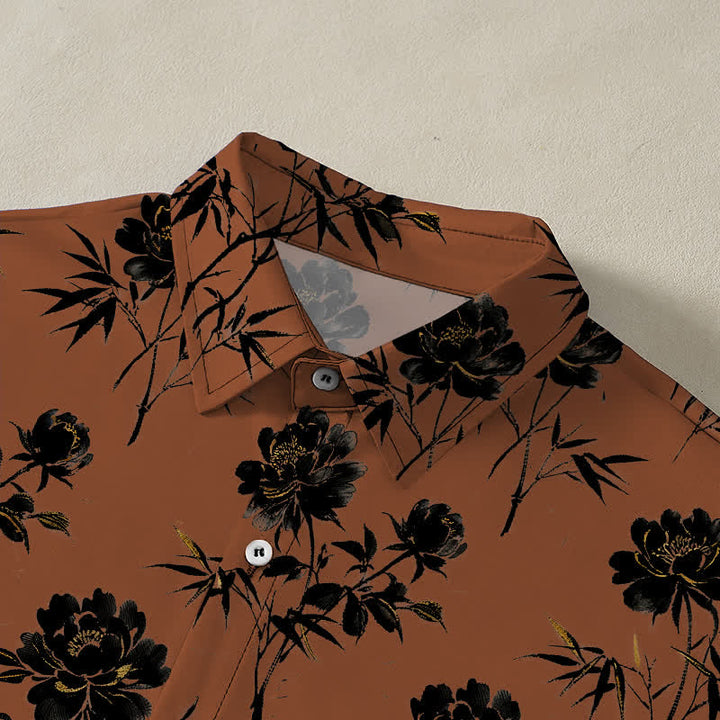 Buddha Stones Camicia da uomo a maniche corte traspirante con bottoni e motivo floreale tropicale a foglie. - image 2