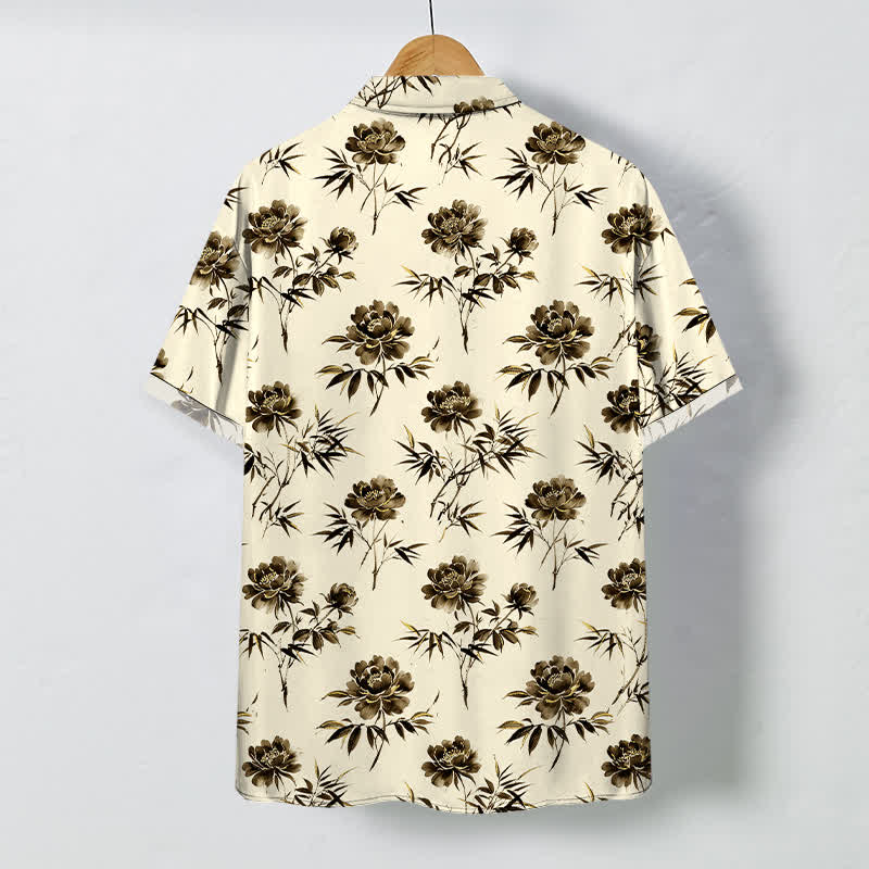 Buddha Stones Camicia da uomo a maniche corte traspirante con bottoni e motivo floreale tropicale a foglie. - image 6