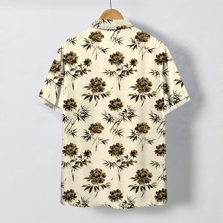 Buddha Stones Camicia da uomo a maniche corte traspirante con bottoni e motivo floreale tropicale a foglie. - image 6