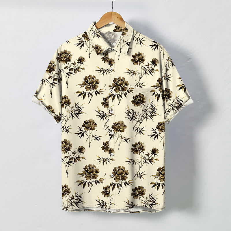 Buddha Stones Camicia da uomo a maniche corte traspirante con bottoni e motivo floreale tropicale a foglie. - Beige - US/UK/AU48, EU58 (4XL) - image 5