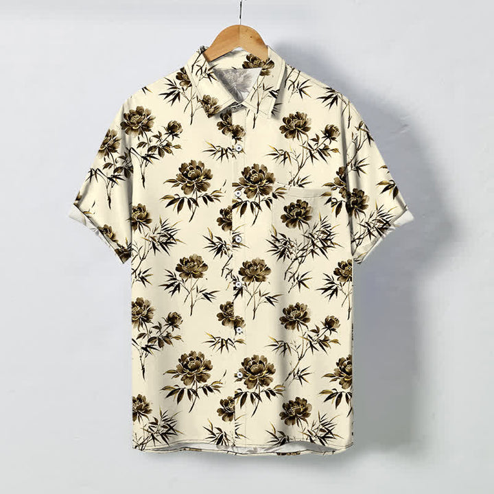 Buddha Stones Camicia da uomo a maniche corte traspirante con bottoni e motivo floreale tropicale a foglie. - Beige - US/UK/AU48, EU58 (4XL) - image 5