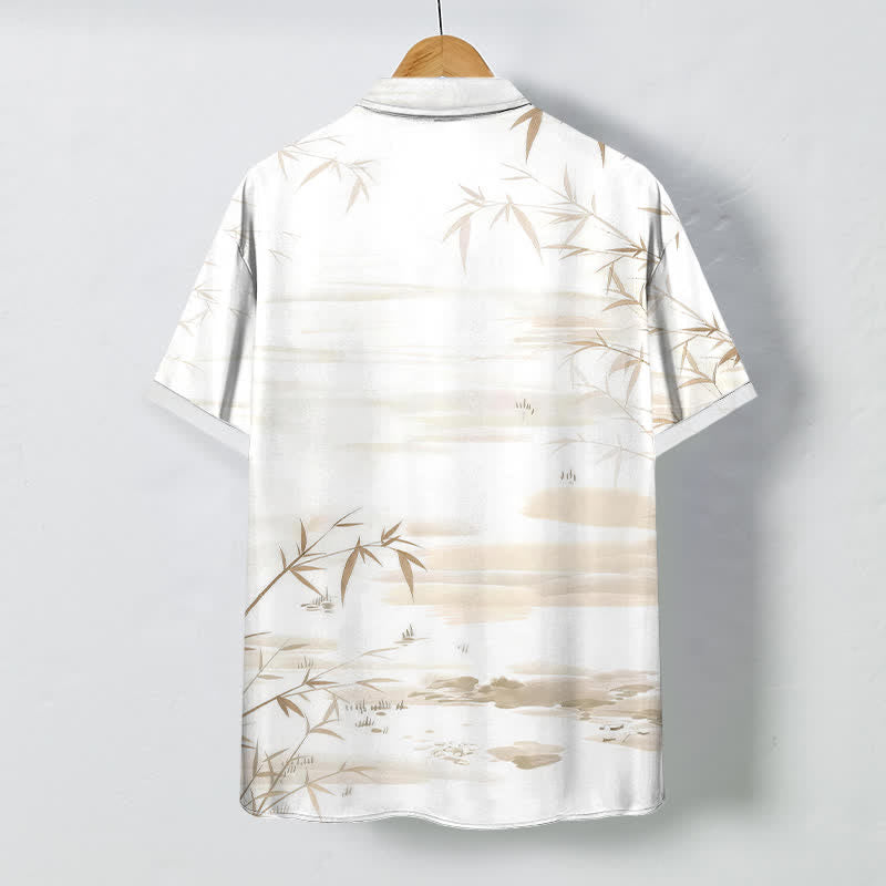 Buddha Stones Camicia da uomo a maniche corte con bottoni a fantasia paesaggio e stampa a inchiostro di foglie di bambù, resistente alle pieghe. - image 1