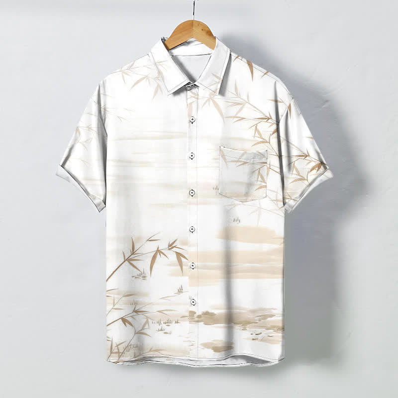 Buddha Stones Camicia da uomo a maniche corte con bottoni a fantasia paesaggio e stampa a inchiostro di foglie di bambù, resistente alle pieghe. - Grano - US/UK/AU48, EU58 (4XL) - image 0