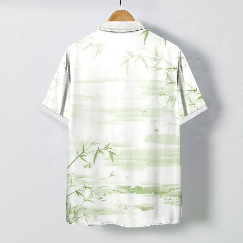 Buddha Stones Camicia da uomo a maniche corte con bottoni a fantasia paesaggio e stampa a inchiostro di foglie di bambù, resistente alle pieghe. - image 4