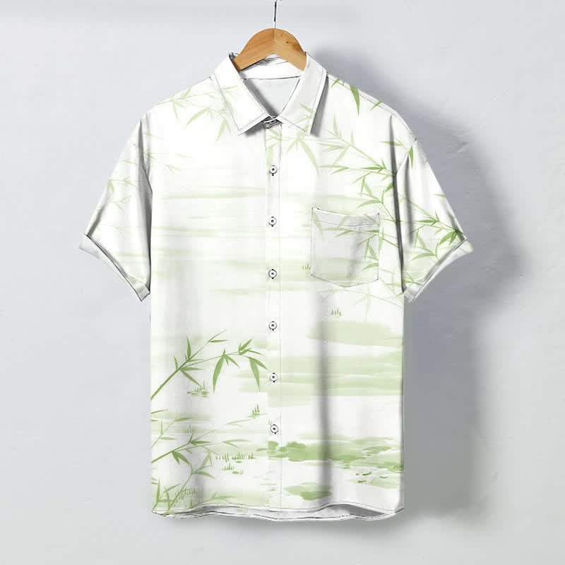 Buddha Stones Camicia da uomo a maniche corte con bottoni a fantasia paesaggio e stampa a inchiostro di foglie di bambù, resistente alle pieghe. - Verde pallido - US/UK/AU48, EU58 (4XL) - image 3