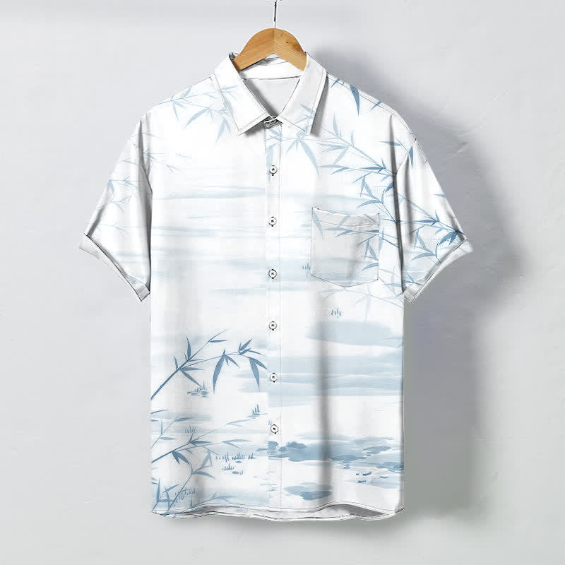 Buddha Stones Camicia da uomo a maniche corte con bottoni a fantasia paesaggio e stampa a inchiostro di foglie di bambù, resistente alle pieghe. - Ciano chiaro - US/UK/AU48, EU58 (4XL) - image 5