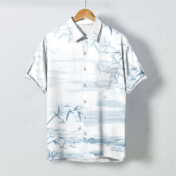 Buddha Stones Camicia da uomo a maniche corte con bottoni a fantasia paesaggio e stampa a inchiostro di foglie di bambù, resistente alle pieghe. - Ciano chiaro - US/UK/AU48, EU58 (4XL) - image 5