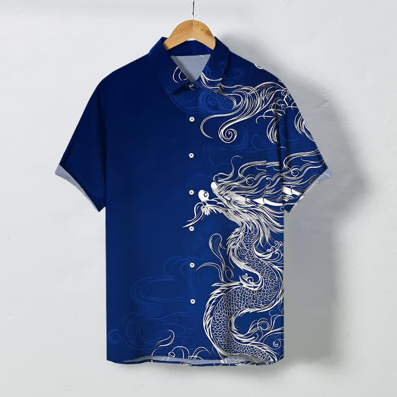 Buddha Stones Camicia da uomo a maniche corte con bottoni, motivo drago orientale e nuvole, resistente alle pieghe. - Blu scuro - US/UK/AU48, EU58 (4XL) - image 0