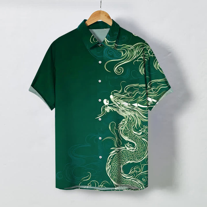 Buddha Stones Camicia da uomo a maniche corte con bottoni, motivo drago orientale e nuvole, resistente alle pieghe. - Verde scuro - US/UK/AU48, EU58 (4XL) - image 5