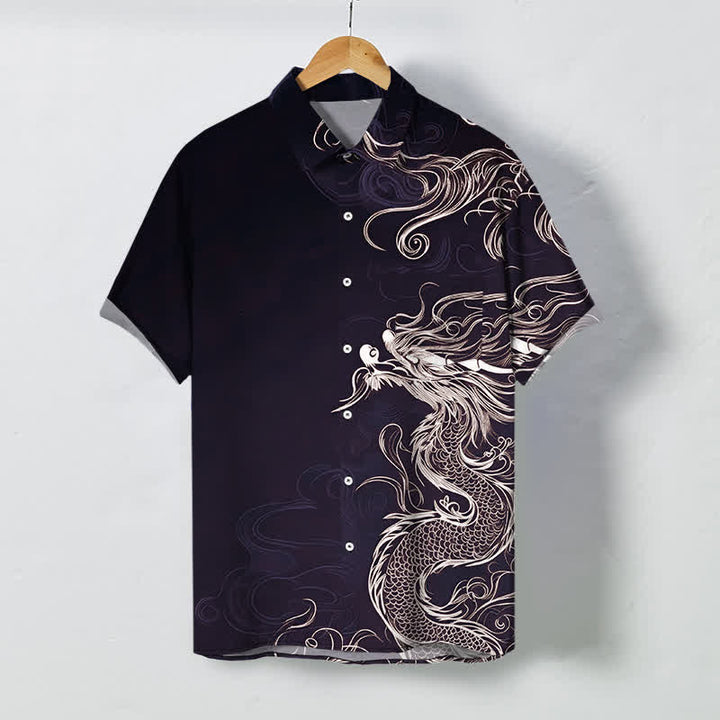 Buddha Stones Camicia da uomo a maniche corte con bottoni, motivo drago orientale e nuvole, resistente alle pieghe. - Nero - US/UK/AU48, EU58 (4XL) - image 7