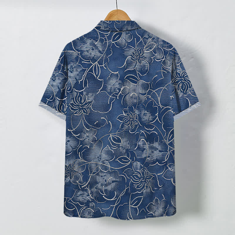 Buddha Stones Camicia da uomo a maniche corte, colore indaco, con bottoni a fantasia floreale e motivo a vite, resistente alle pieghe. - image 1