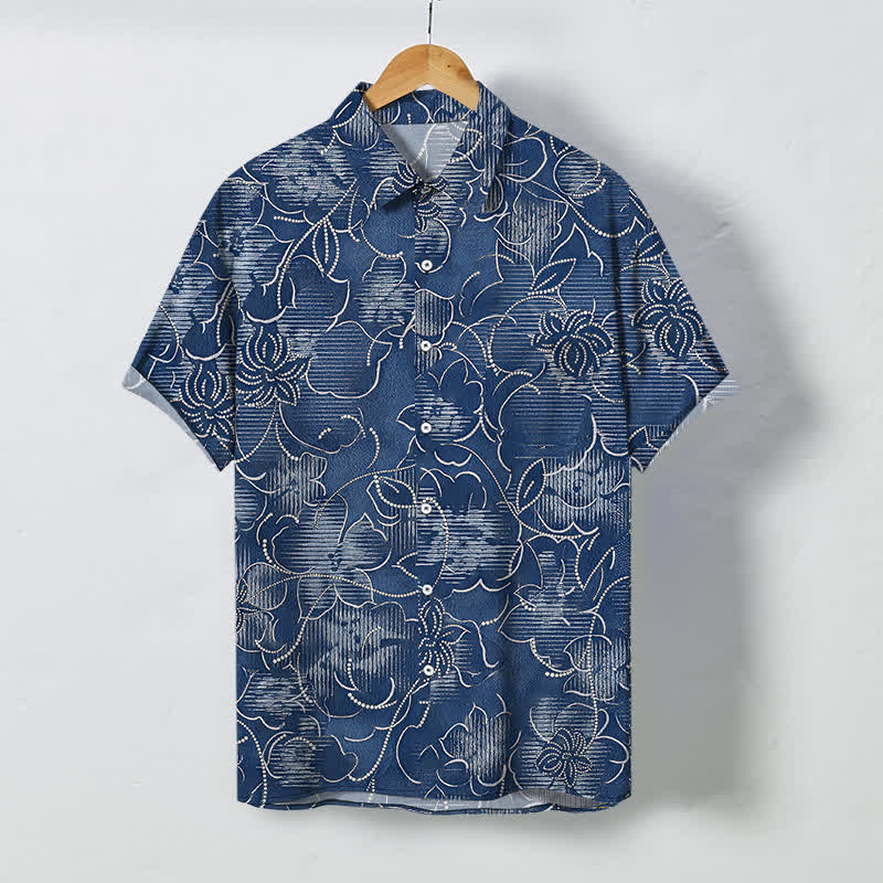Buddha Stones Camicia da uomo a maniche corte, colore indaco, con bottoni a fantasia floreale e motivo a vite, resistente alle pieghe. - Marina - US/UK/AU48, EU58 (4XL) - image 0