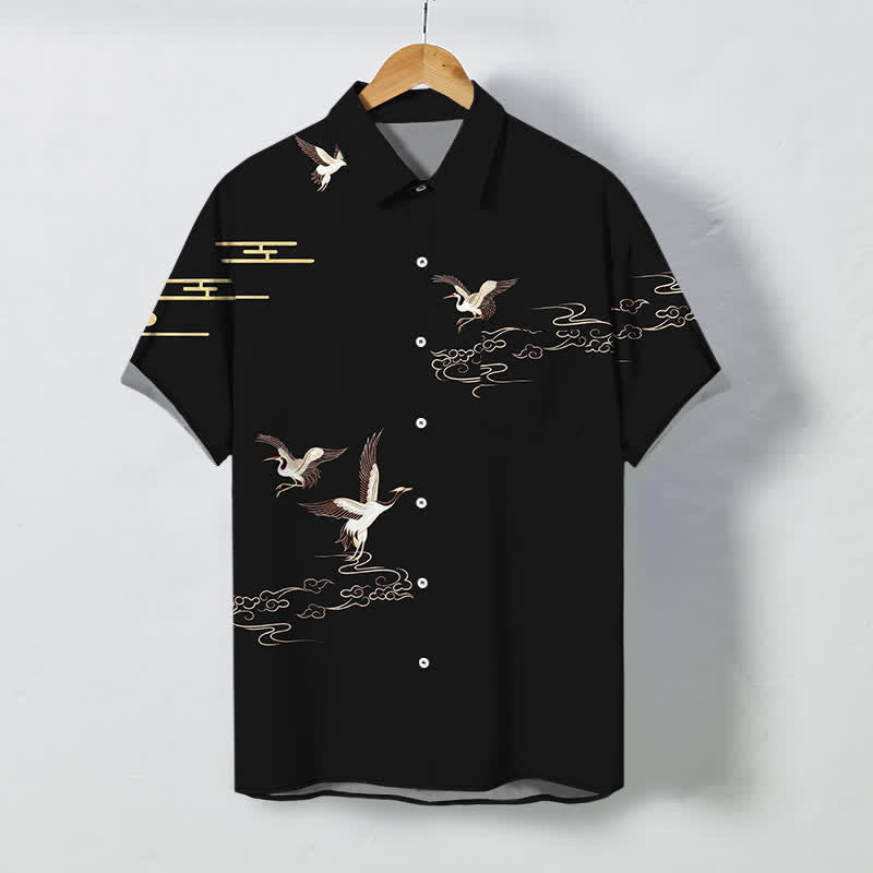 Buddha Stones Camicia da uomo a maniche corte con bottoni a fantasia gru e nuvole, resistente alle pieghe. - Nero - US/UK/AU48, EU58 (4XL) - image 7
