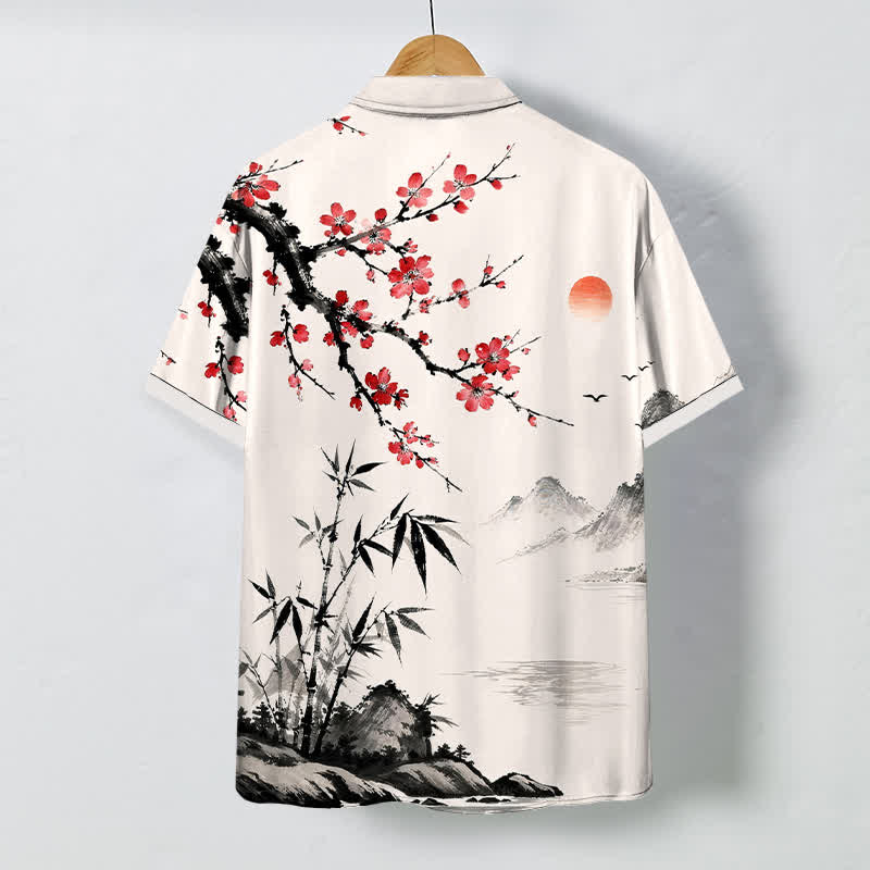 Buddha Stones Camicia da uomo a maniche corte traspirante con motivo paesaggio, fiori di bambù e tramonto, bottoni e stampa a inchiostro. - image 1