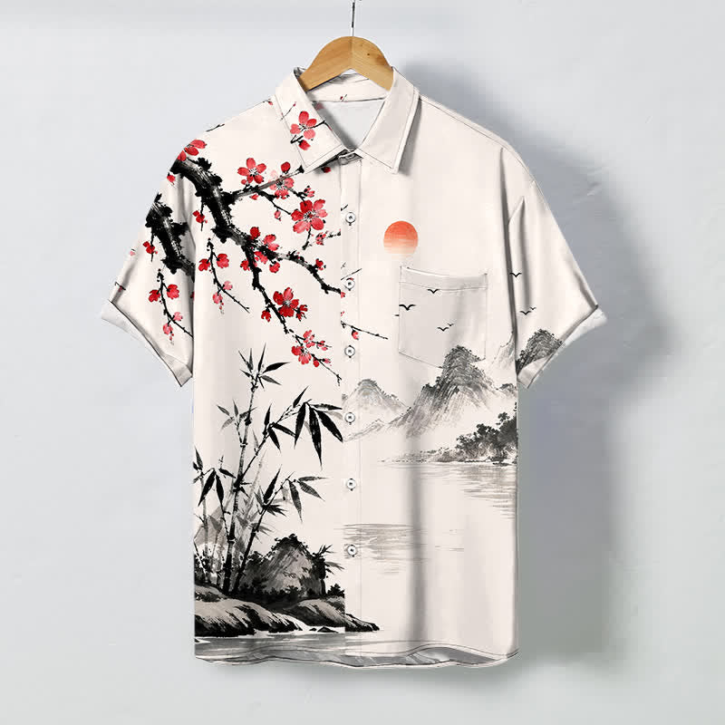 Buddha Stones Camicia da uomo a maniche corte traspirante con motivo paesaggio, fiori di bambù e tramonto, bottoni e stampa a inchiostro. - Avorio - US/UK/AU48, EU58 (4XL) - image 0