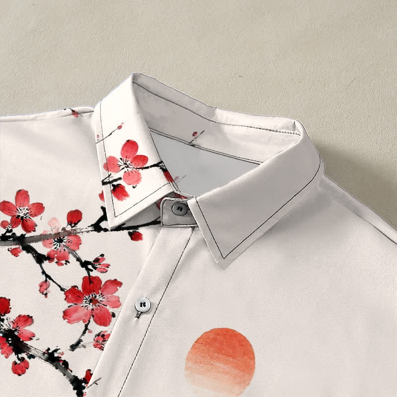 Buddha Stones Camicia da uomo a maniche corte traspirante con motivo paesaggio, fiori di bambù e tramonto, bottoni e stampa a inchiostro. - image 2
