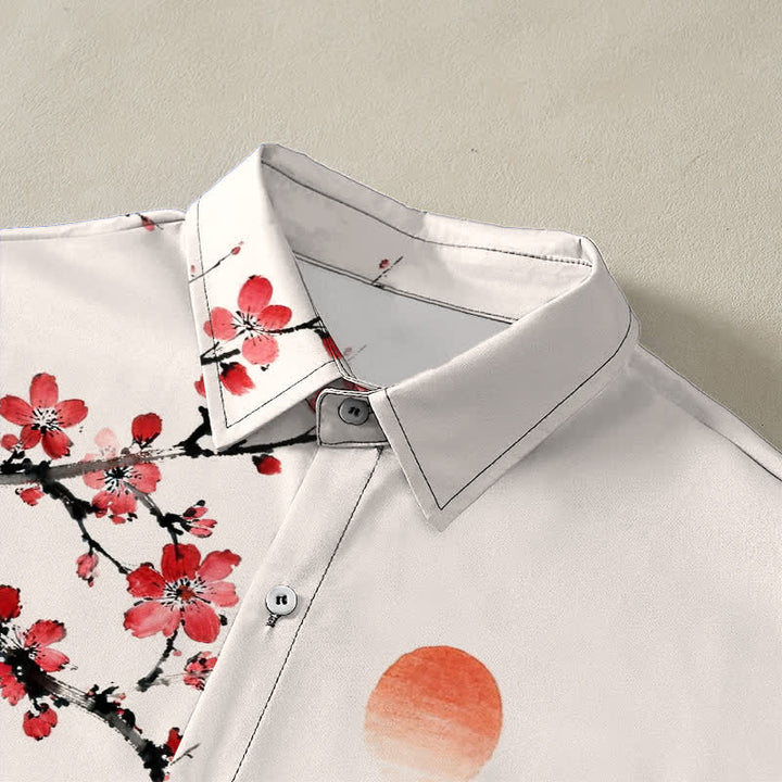 Buddha Stones Camicia da uomo a maniche corte traspirante con motivo paesaggio, fiori di bambù e tramonto, bottoni e stampa a inchiostro. - image 2