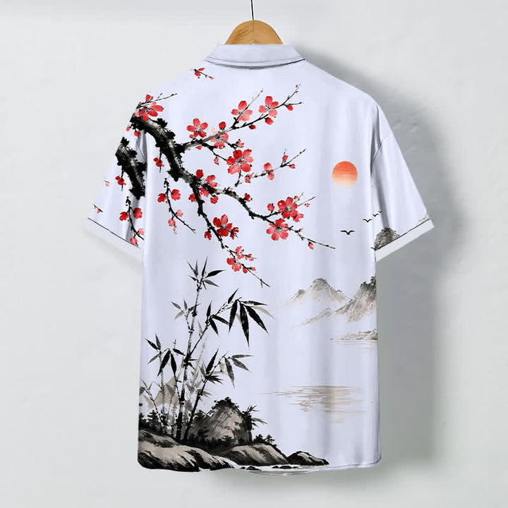 Buddha Stones Camicia da uomo a maniche corte traspirante con motivo paesaggio, fiori di bambù e tramonto, bottoni e stampa a inchiostro. - image 6