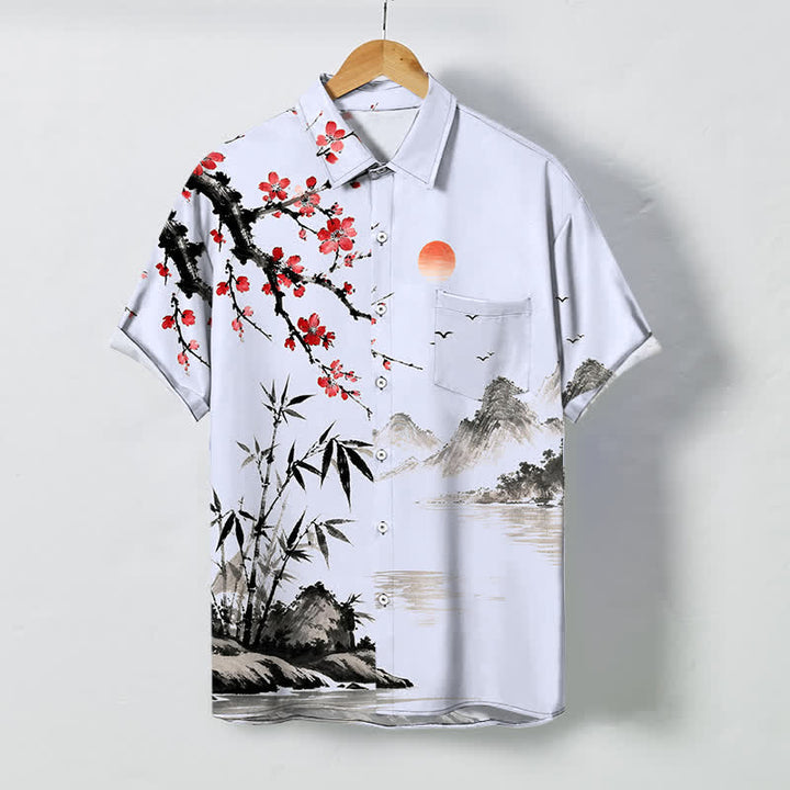 Buddha Stones Camicia da uomo a maniche corte traspirante con motivo paesaggio, fiori di bambù e tramonto, bottoni e stampa a inchiostro. - Azzurro cielo chiaro - US/UK/AU48, EU58 (4XL) - image 5