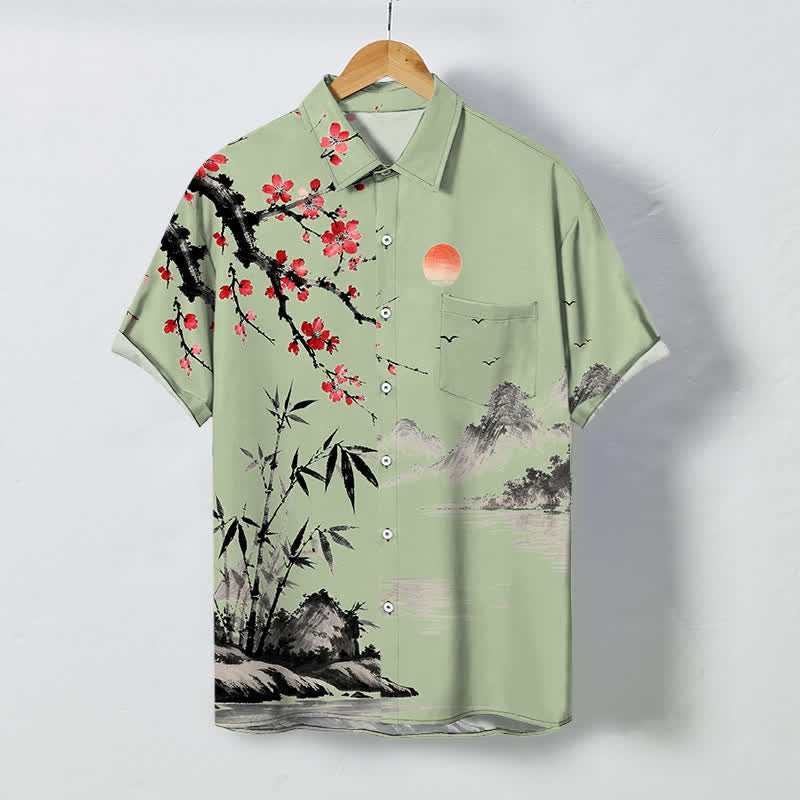 Buddha Stones Camicia da uomo a maniche corte traspirante con motivo paesaggio, fiori di bambù e tramonto, bottoni e stampa a inchiostro. - Verde medio del mare - US/UK/AU48, EU58 (4XL) - image 7