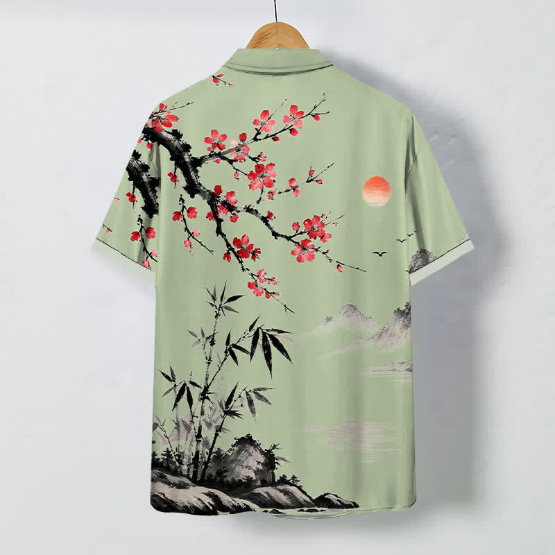 Buddha Stones Camicia da uomo a maniche corte traspirante con motivo paesaggio, fiori di bambù e tramonto, bottoni e stampa a inchiostro. - image 8