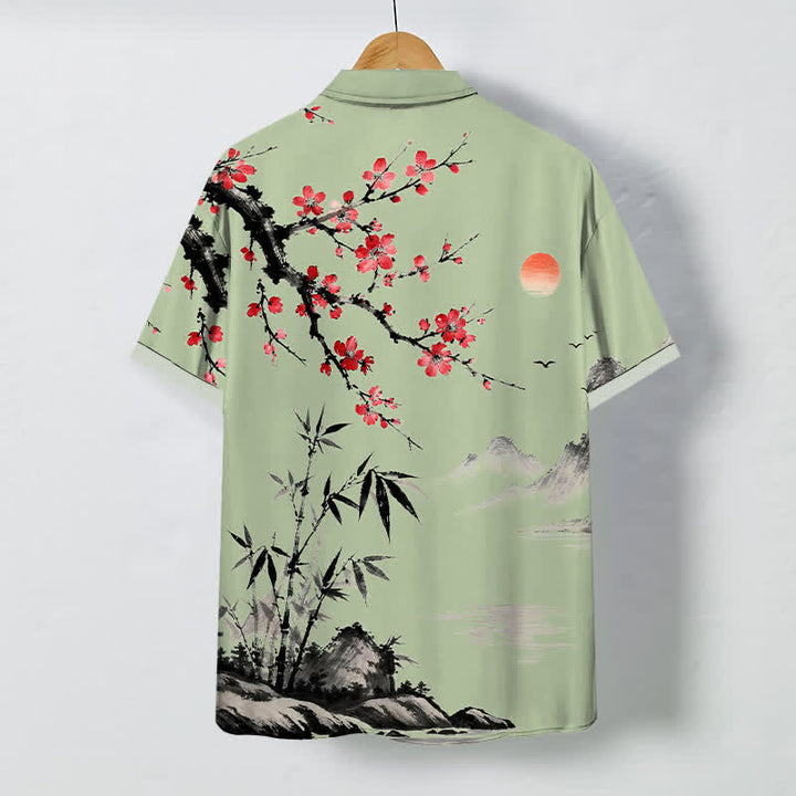 Buddha Stones Camicia da uomo a maniche corte traspirante con motivo paesaggio, fiori di bambù e tramonto, bottoni e stampa a inchiostro. - image 8