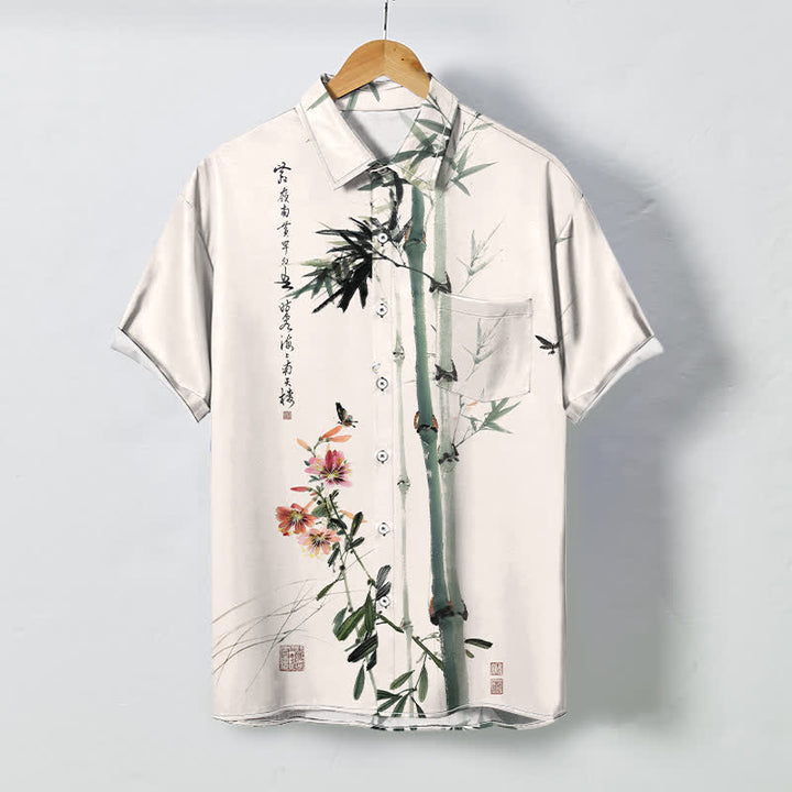 Buddha Stones Camicia da uomo a maniche corte traspirante con motivo calligrafico di uccelli e fiori di bambù, stampa a inchiostro, inchiostro e calligrafia, bottoni. - Biancheria - US/UK/AU48, EU58 (4XL) - image 0