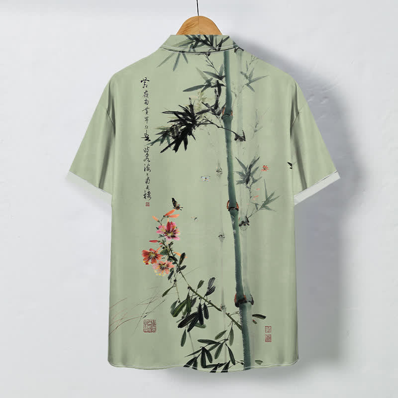 Buddha Stones Camicia da uomo a maniche corte traspirante con motivo calligrafico di uccelli e fiori di bambù, stampa a inchiostro, inchiostro e calligrafia, bottoni. - image 4