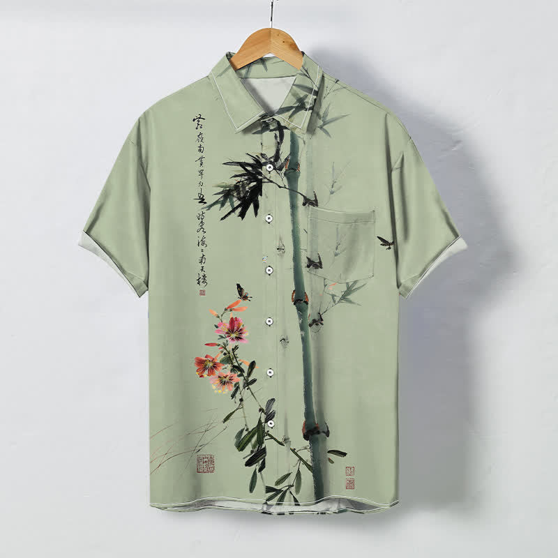 Buddha Stones Camicia da uomo a maniche corte traspirante con motivo calligrafico di uccelli e fiori di bambù, stampa a inchiostro, inchiostro e calligrafia, bottoni. - Verde Mare Scuro - US/UK/AU48, EU58 (4XL) - image 3