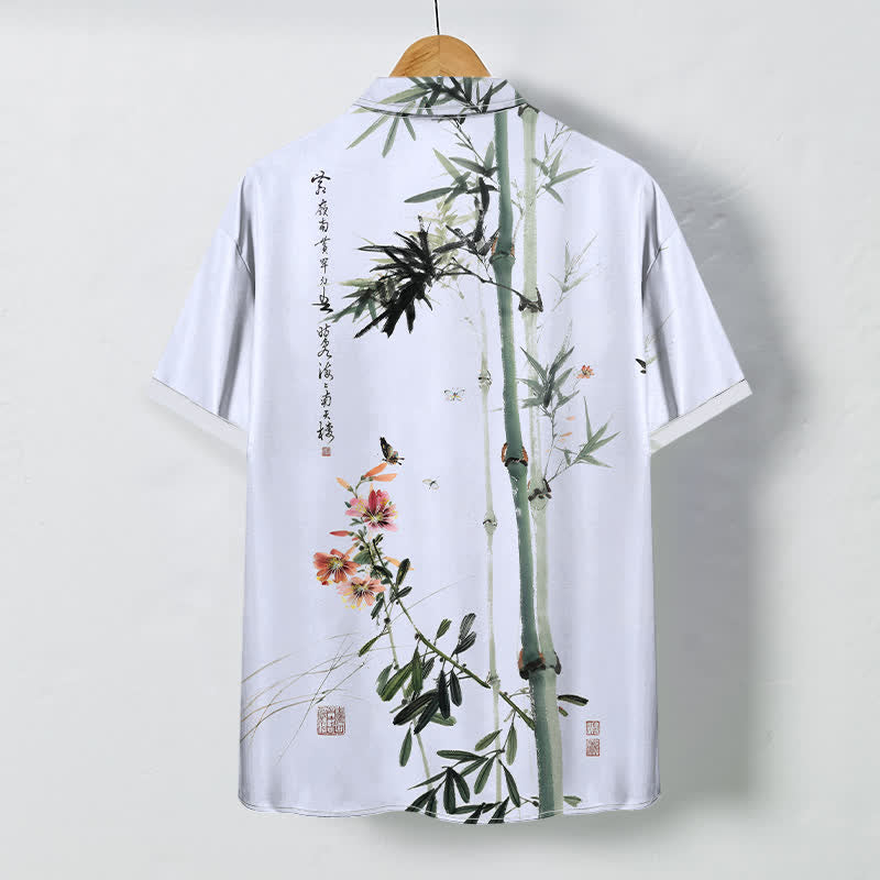 Buddha Stones Camicia da uomo a maniche corte traspirante con motivo calligrafico di uccelli e fiori di bambù, stampa a inchiostro, inchiostro e calligrafia, bottoni. - image 6
