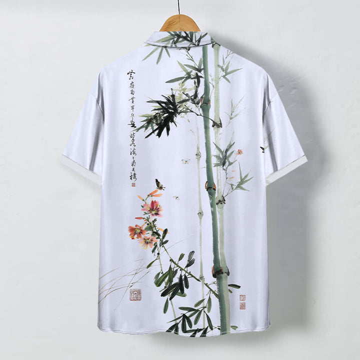 Buddha Stones Camicia da uomo a maniche corte traspirante con motivo calligrafico di uccelli e fiori di bambù, stampa a inchiostro, inchiostro e calligrafia, bottoni. - image 6