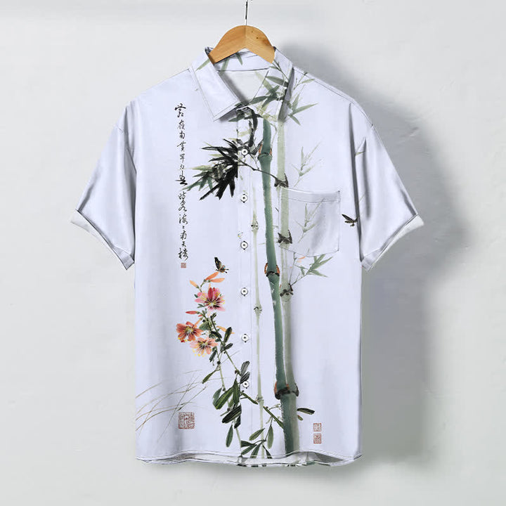 Buddha Stones Camicia da uomo a maniche corte traspirante con motivo calligrafico di uccelli e fiori di bambù, stampa a inchiostro, inchiostro e calligrafia, bottoni. - Azzurro cielo chiaro - US/UK/AU48, EU58 (4XL) - image 5
