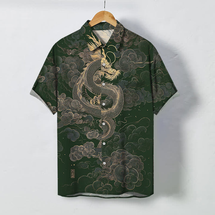 Buddha Stones Camicia da uomo a maniche corte con bottoni a fantasia drago dorato e nuvole, resistente alle pieghe. - Verde scuro - US/UK/AU48, EU58 (4XL) - image 5