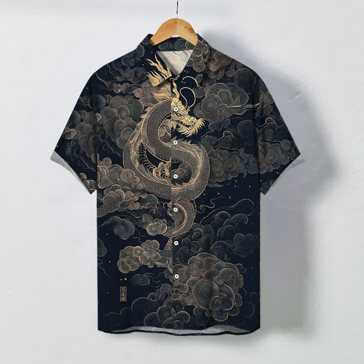 Buddha Stones Camicia da uomo a maniche corte con bottoni a fantasia drago dorato e nuvole, resistente alle pieghe. - Blu notte - US/UK/AU48, EU58 (4XL) - image 7