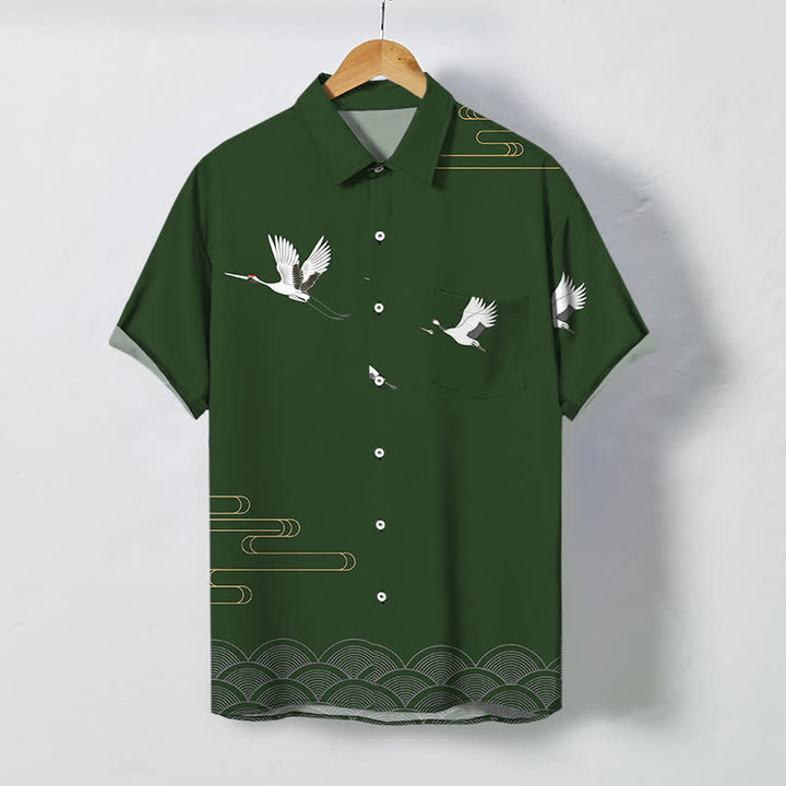 Buddha Stones Camicia da uomo a maniche corte traspirante con bottoni a forma di onda dorata e motivo Crane. - Verde oliva scuro - US/UK/AU48, EU58 (4XL) - image 7