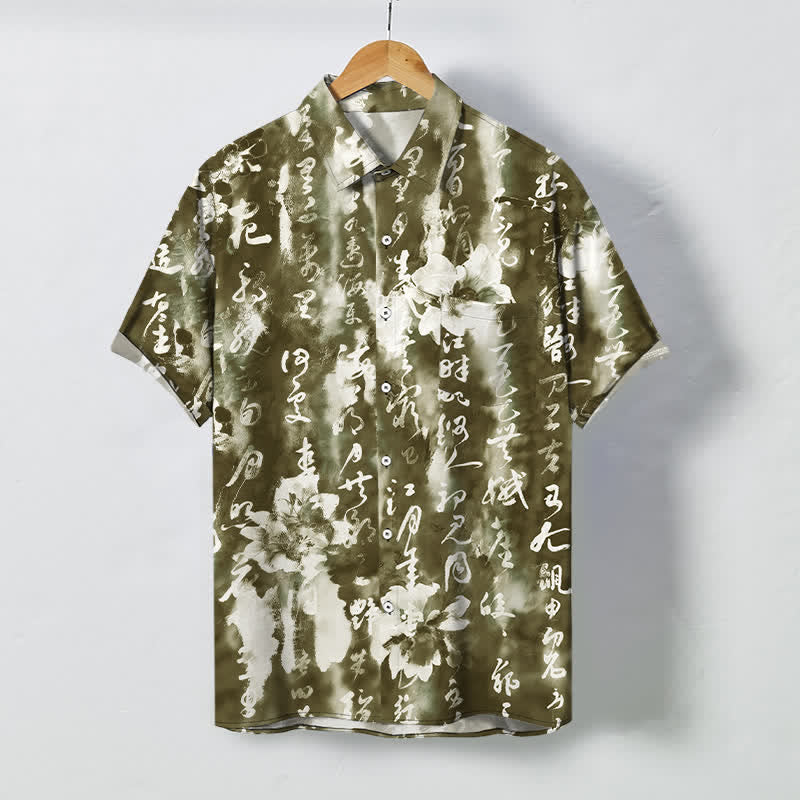 Buddha Stones Camicia da uomo a maniche corte traspirante con bottoni e motivo floreale calligrafico. - Verde oliva - US/UK/AU48, EU58 (4XL) - image 5