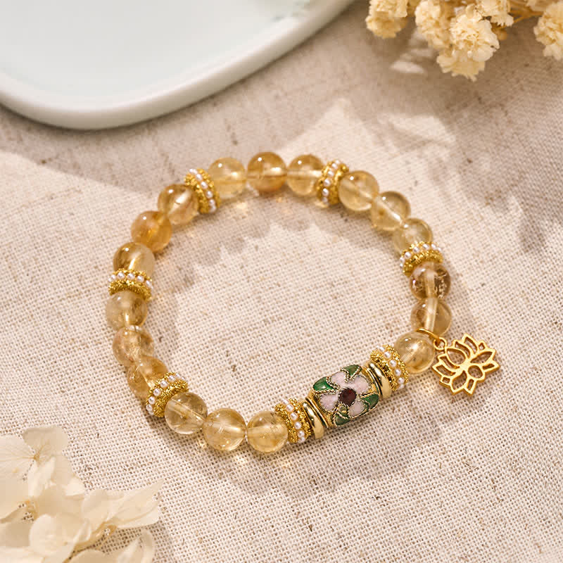 Buddha Stones Bracciale con ciondolo a forma di loto in citrino, perline a barilotto smaltate e perline rotonde lucidate a mano. - image 1