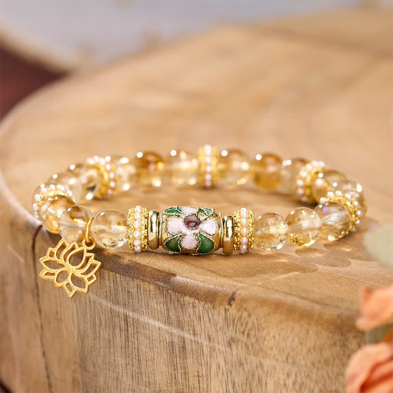 Buddha Stones Bracciale con ciondolo a forma di loto in citrino, perline a barilotto smaltate e perline rotonde lucidate a mano. - image 2