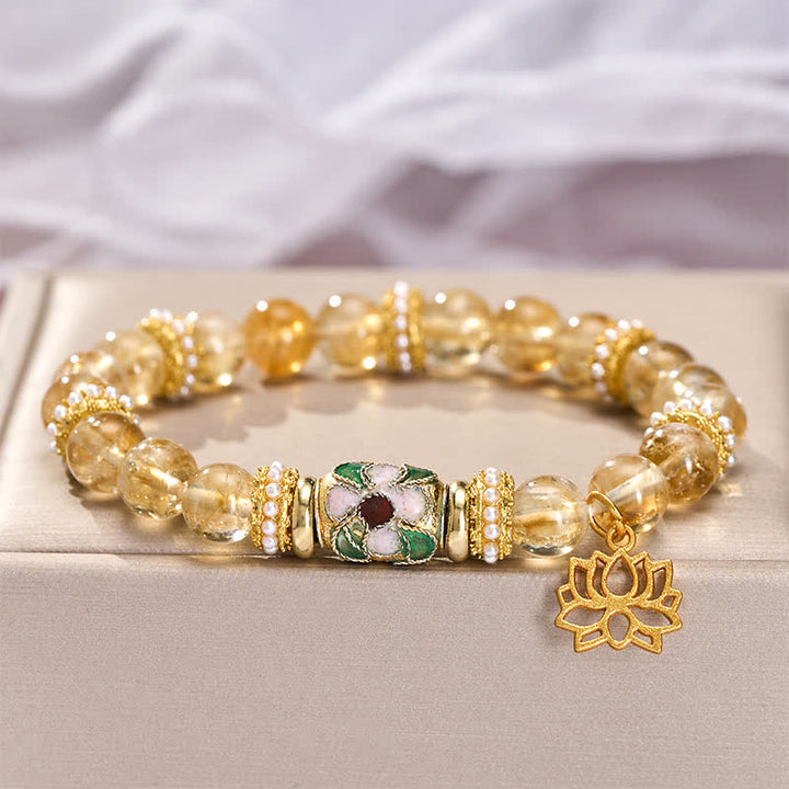Buddha Stones Bracciale con ciondolo a forma di loto in citrino, perline a barilotto smaltate e perline rotonde lucidate a mano. - image 3