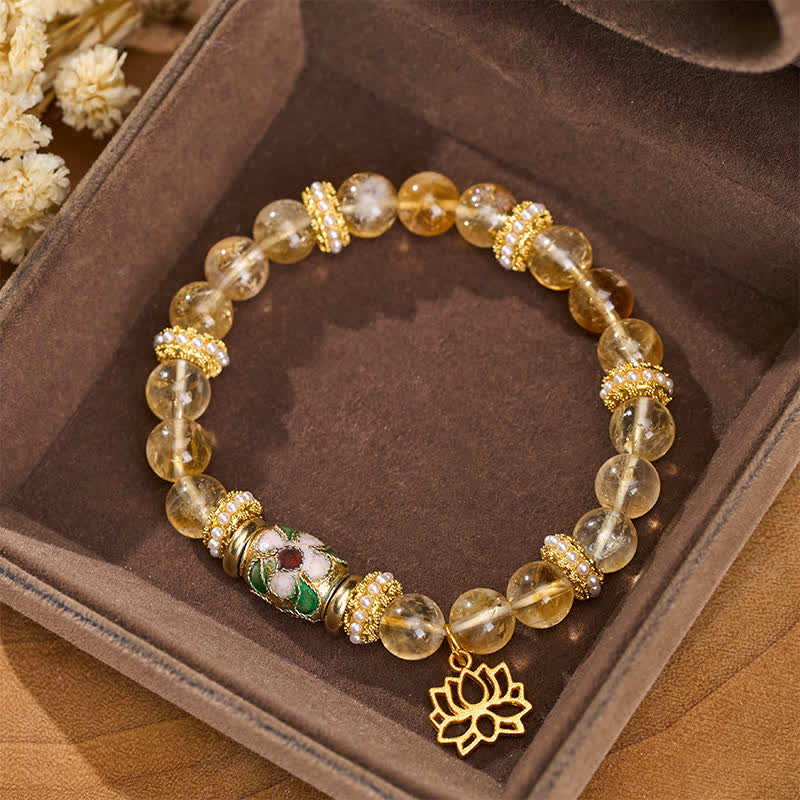 Buddha Stones Bracciale con ciondolo a forma di loto in citrino, perline a barilotto smaltate e perline rotonde lucidate a mano. - Citrino (Circonferenza del polso: 15–16 cm) - image 0