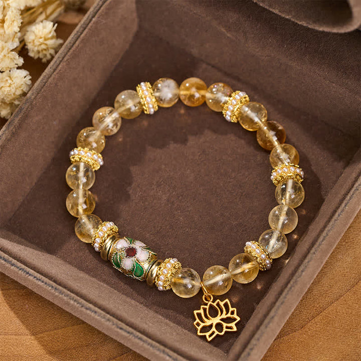 Buddha Stones Bracciale con ciondolo a forma di loto in citrino, perline a barilotto smaltate e perline rotonde lucidate a mano. - Citrino (Circonferenza del polso: 15–16 cm) - image 0