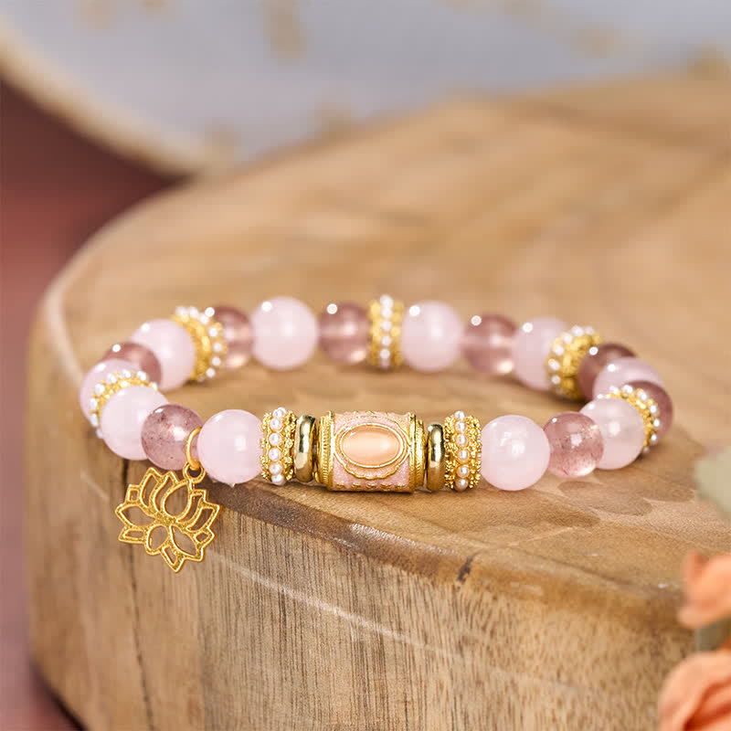 Buddha Stones Bracciale con perline rotonde in smalto, quarzo fragola naturale, quarzo rosa e perline a barilotto. - image 3