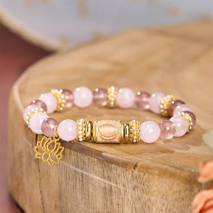 Buddha Stones Bracciale con perline rotonde in smalto, quarzo fragola naturale, quarzo rosa e perline a barilotto. - image 3