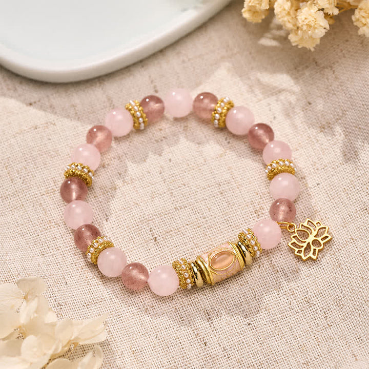 Buddha Stones Bracciale con perline rotonde in smalto, quarzo fragola naturale, quarzo rosa e perline a barilotto. - Quarzo fragola Quarzo rosa (Circonferenza del polso: 15–16 cm) - image 0