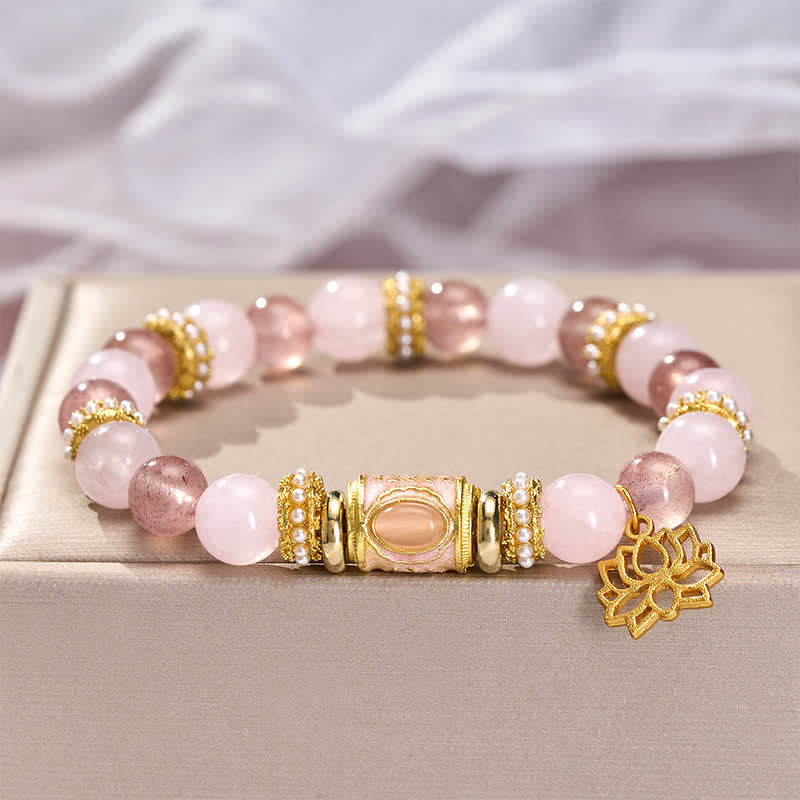 Buddha Stones Bracciale con perline rotonde in smalto, quarzo fragola naturale, quarzo rosa e perline a barilotto. - image 2