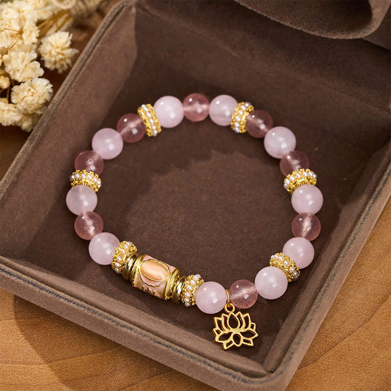 Buddha Stones Bracciale con perline rotonde in smalto, quarzo fragola naturale, quarzo rosa e perline a barilotto. - image 1