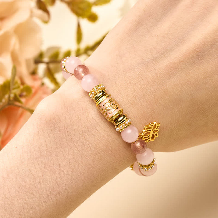 Buddha Stones Bracciale con perline rotonde in smalto, quarzo fragola naturale, quarzo rosa e perline a barilotto. - image 4