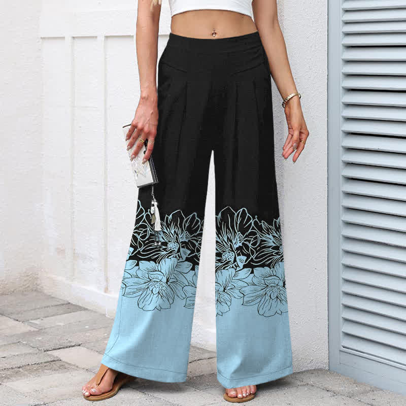 Buddha Stones Pantaloni da donna a gamba larga con elastico in vita e tasche, in cotone e lino, con fantasia floreale vintage. - image 1