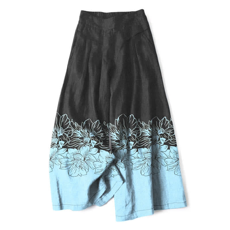 Buddha Stones Pantaloni da donna a gamba larga con elastico in vita e tasche, in cotone e lino, con fantasia floreale vintage. - Nero - US16, UK/AU20, EU48 (3XL) - image 0