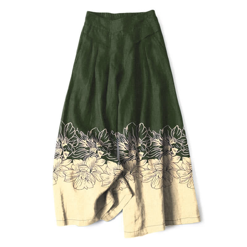 Buddha Stones Pantaloni da donna a gamba larga con elastico in vita e tasche, in cotone e lino, con fantasia floreale vintage. - Verde oliva scuro - US16, UK/AU20, EU48 (3XL) - image 4